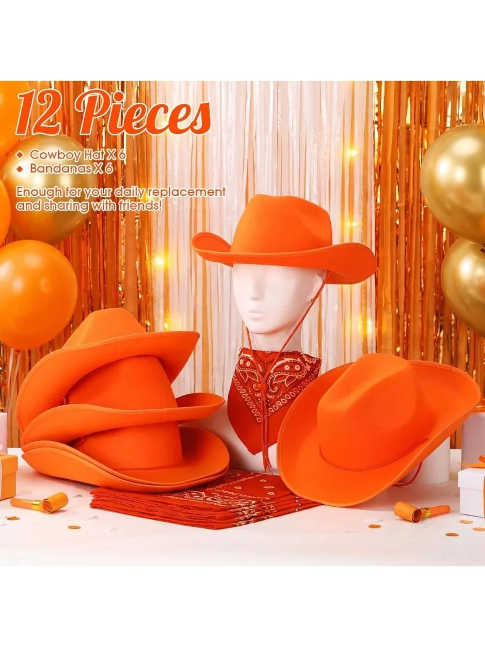 Men's Orange Bandanas Bulk Adjustable Felt Western Cowboy Cowgirl Hat 12 Pcs